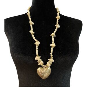 Vintage Necklace Heart Pendant Cream Beaded Gold Tone Accents 29 Inch Length